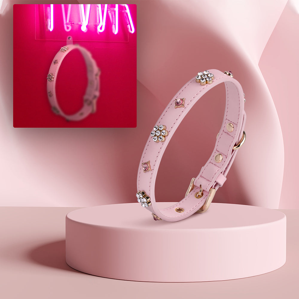 PU Leather Collar with Diamond Crystal -[X802]Cute Rhinestone & Flower